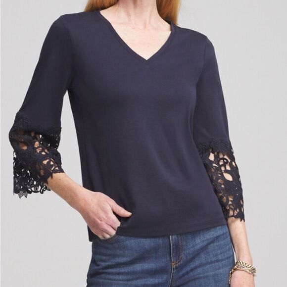 Chico’s SZ 0 Navy Blue Lace Appliqué Top - Picture 1 of 13